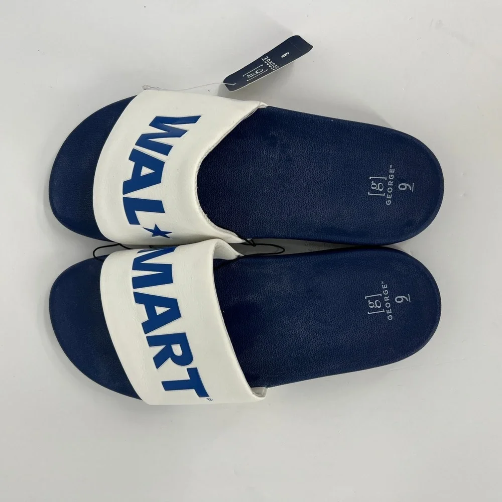 Walmart Logo Flip Flop Slide Sandals Mens Size 9 George‎ RARE White Blue New
